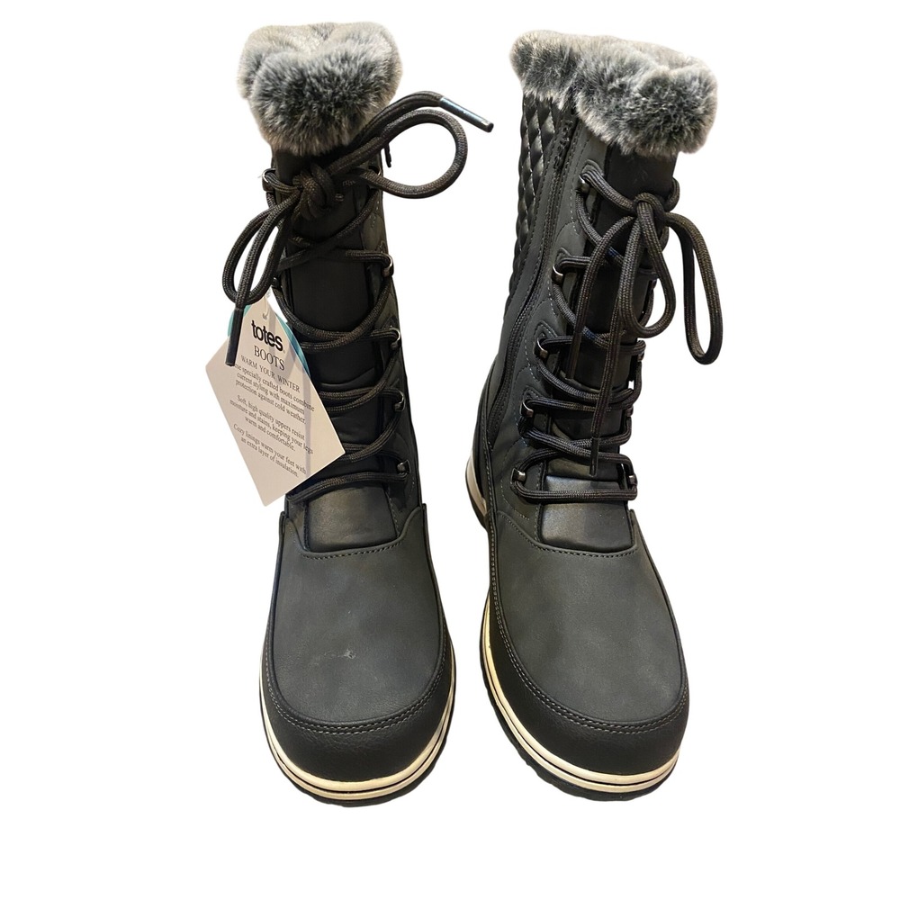 Totes Anchor Up‎ Charcoal Gray Waterproof Winter Boots Faux Fur Trim Women's 7M - Picture 2 of 8